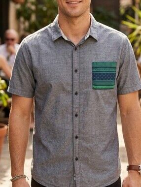 Tony Hawk Grey Short-Sleeve Button-Down with Green Patterned Pocket (Sz XL)